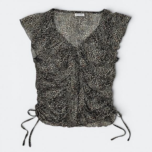 Kaelyn-Max Tops - Y2k Leopard Print Top Sheer Ruched Sides Bow Detail - Size Large